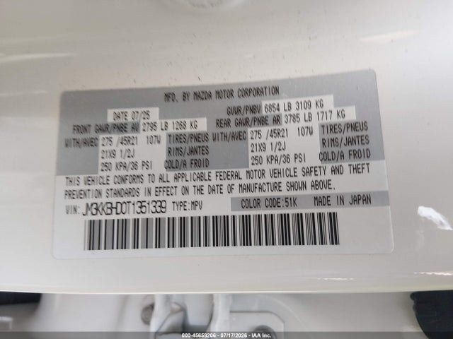 Продаж на аукціоні авто 2026 Mazda Cx-90 3.3 Turbo Preferred, vin: JM3KKBHD0T1351339, номер лоту: 45659206