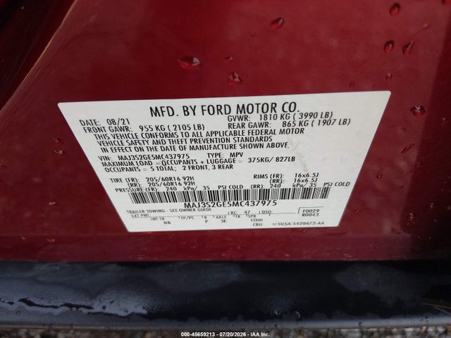 Aukcja sprzedaży 2021 Ford Ecosport Se, vin: MAJ3S2GE5MC437975, numer aukcji: 45659213