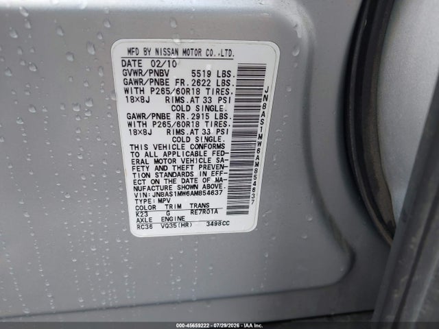 Продажа на аукционе авто 2010 Infiniti Fx35, vin: JN8AS1MW6AM854637, номер лота: 45659222