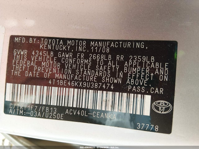 Продаж на аукціоні авто 2009 Toyota Camry, vin: 4T1BE46KX9U387474, номер лоту: 45659223
