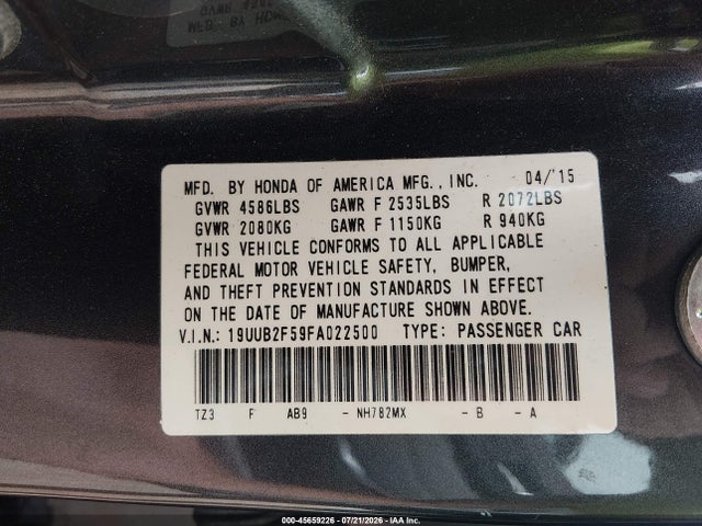 45659226 :رقم المزاد ، 19UUB2F59FA022500 vin ، 2015 Acura Tlx V6 Tech مزاد بيع