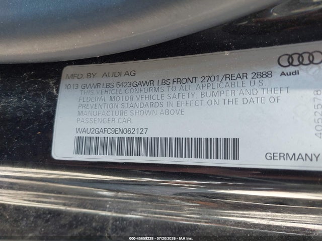 45659228 :رقم المزاد ، WAU2GAFC9EN062127 vin ، 2014 Audi A7 3.0t Premium Plus مزاد بيع