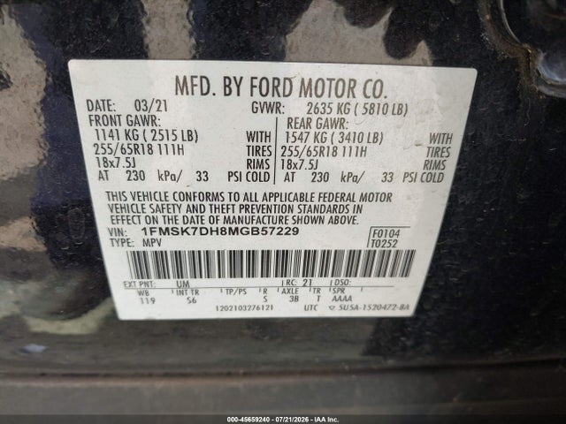 45659240 :رقم المزاد ، 1FMSK7DH8MGB57229 vin ، 2021 Ford Explorer Xlt مزاد بيع