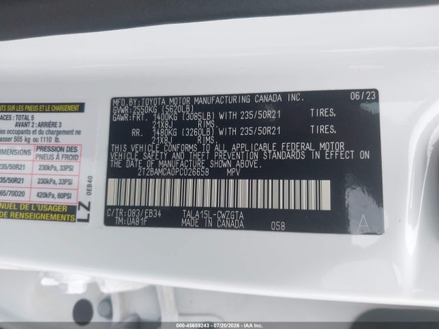 45659243 :رقم المزاد ، 2T2BAMCA0PC026658 vin ، 2023 Lexus Rx 350 F Sport Handling مزاد بيع