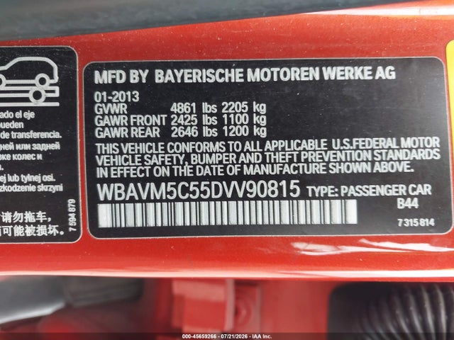 2013 Bmw X1 Xdrive35i მანქანა იყიდება აუქციონზე, vin: WBAVM5C55DVV90815, აუქციონის ნომერი: 45659266