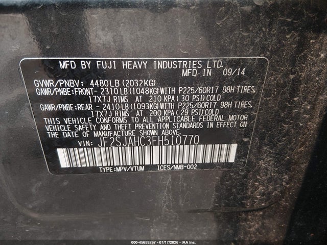 2015 Subaru Forester 2.5i Limited მანქანა იყიდება აუქციონზე, vin: JF2SJAHC3FH510770, აუქციონის ნომერი: 45659297