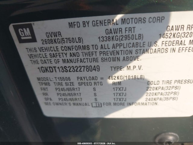 Aukcja sprzedaży 2003 Gmc Envoy Sle, vin: 1GKDT13S232278049, numer aukcji: 45659303