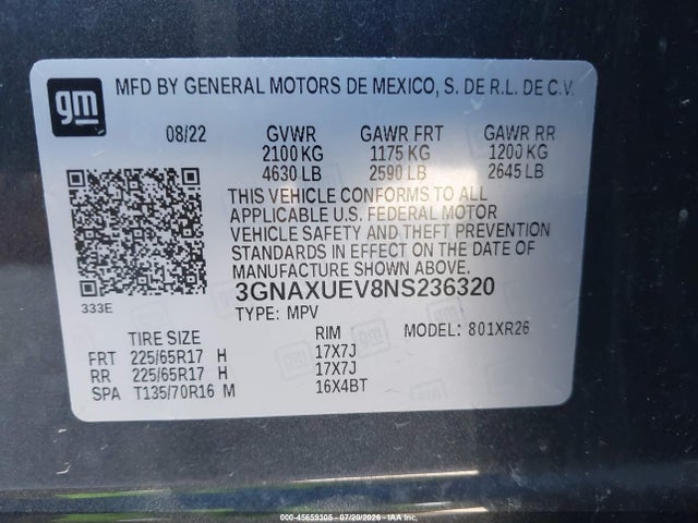45659305 :رقم المزاد ، 3GNAXUEV8NS236320 vin ، 2022 Chevrolet Equinox Awd Lt مزاد بيع