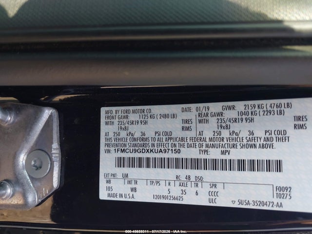 Aukcja sprzedaży 2019 Ford Escape Se, vin: 1FMCU9GDXKUA97150, numer aukcji: 45659311