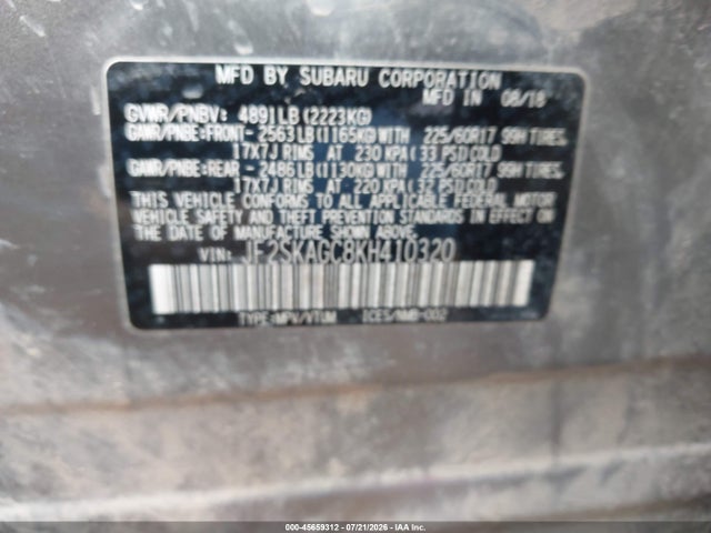 45659312 :رقم المزاد ، JF2SKAGC8KH410320 vin ، 2019 Subaru Forester Premium مزاد بيع