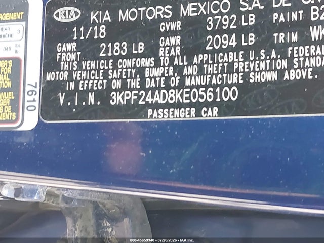 Продаж на аукціоні авто 2019 Kia Forte Lxs, vin: 3KPF24AD8KE056100, номер лоту: 45659340