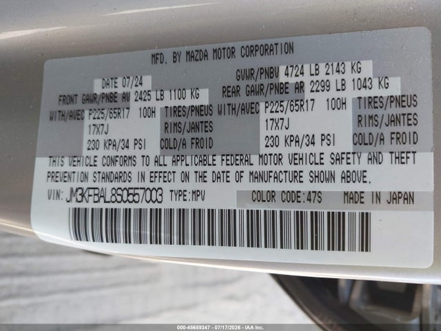 Aukcja sprzedaży 2025 Mazda Cx-5 2.5 S, vin: JM3KFBAL8S0557003, numer aukcji: 45659347