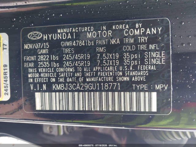 45659375 :رقم المزاد ، KM8J3CA29GU118771 vin ، 2016 Hyundai Tucson Limited مزاد بيع