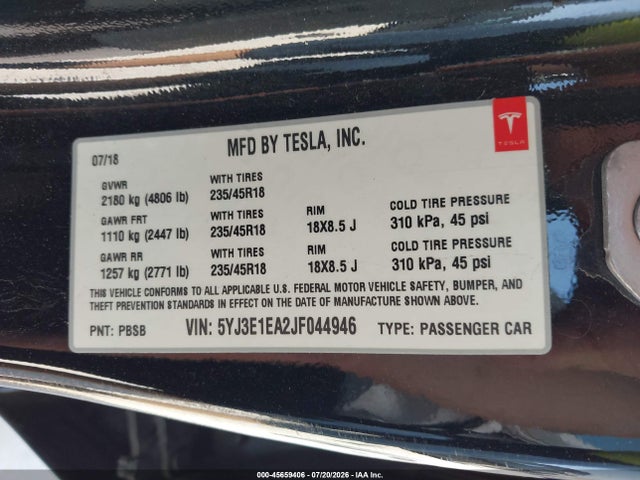 2018 Tesla Model 3 Long Range/mid Range მანქანა იყიდება აუქციონზე, vin: 5YJ3E1EA2JF044946, აუქციონის ნომერი: 45659406