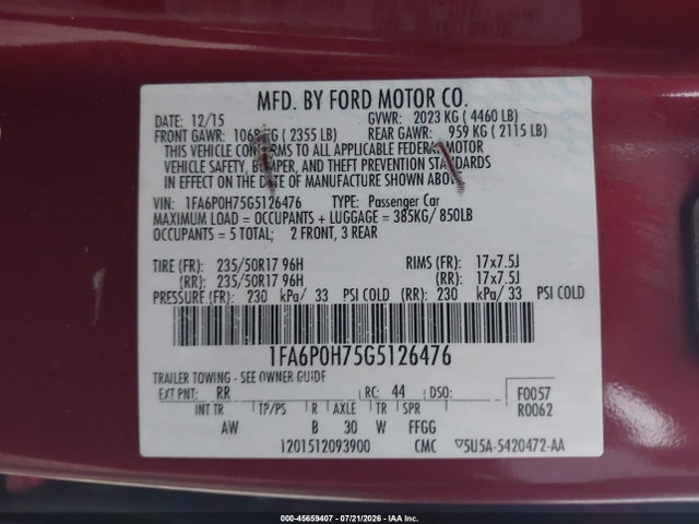 45659407 :رقم المزاد ، 1FA6P0H75G5126476 vin ، 2016 Ford Fusion Se مزاد بيع