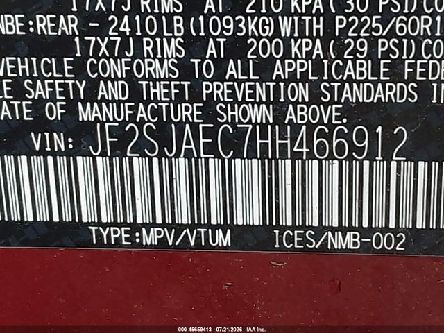 2017 Subaru Forester 2.5i Premium მანქანა იყიდება აუქციონზე, vin: JF2SJAEC7HH466912, აუქციონის ნომერი: 45659413