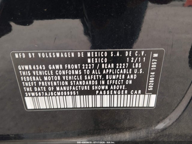 2012 Volkswagen Jetta Gli Autobahn მანქანა იყიდება აუქციონზე, vin: 3VW567AJ8CM089951, აუქციონის ნომერი: 45659419