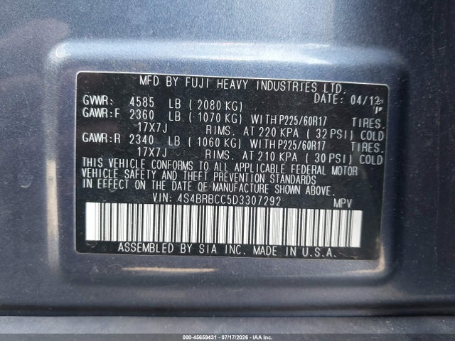 Продажа на аукционе авто 2013 Subaru Outback 2.5i Premium, vin: 4S4BRBCC5D3307292, номер лота: 45659431