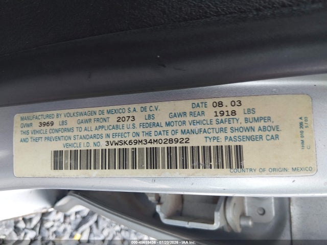 45659436 :رقم المزاد ، 3VWSK69M34M028922 vin ، 2004 Volkswagen Jetta Gls 2.0l مزاد بيع