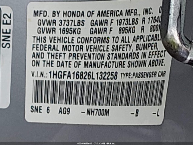 Продаж на аукціоні авто 2006 Honda Civic Ex, vin: 1HGFA16826L132258, номер лоту: 45659440