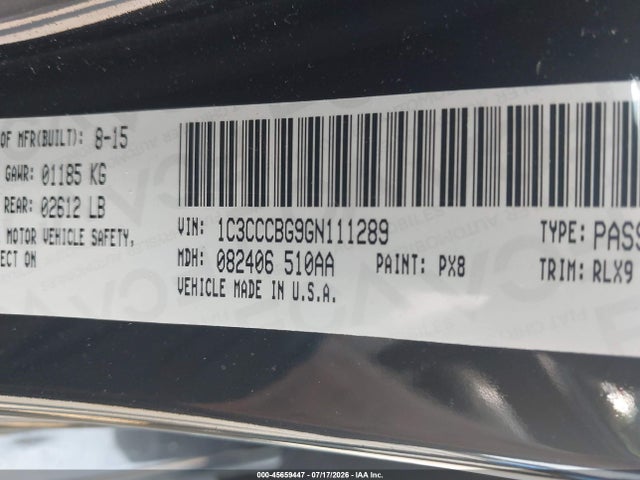 Aukcja sprzedaży 2016 Chrysler 200 S, vin: 1C3CCCBG9GN111289, numer aukcji: 45659447