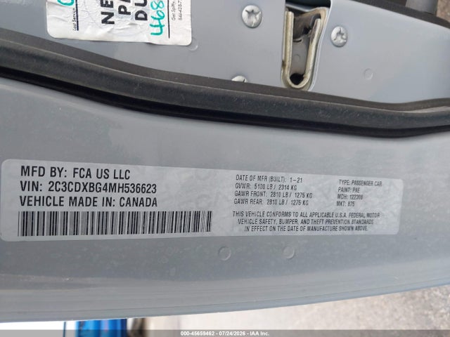 2021 Dodge Charger Sxt Rwd მანქანა იყიდება აუქციონზე, vin: 2C3CDXBG4MH536623, აუქციონის ნომერი: 45659462