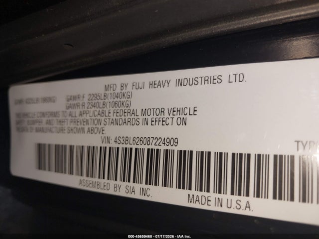 45659468 :رقم المزاد ، 4S3BL626087224909 vin ، 2008 Subaru Legacy (natl) Ltd/ltd W/vdc مزاد بيع