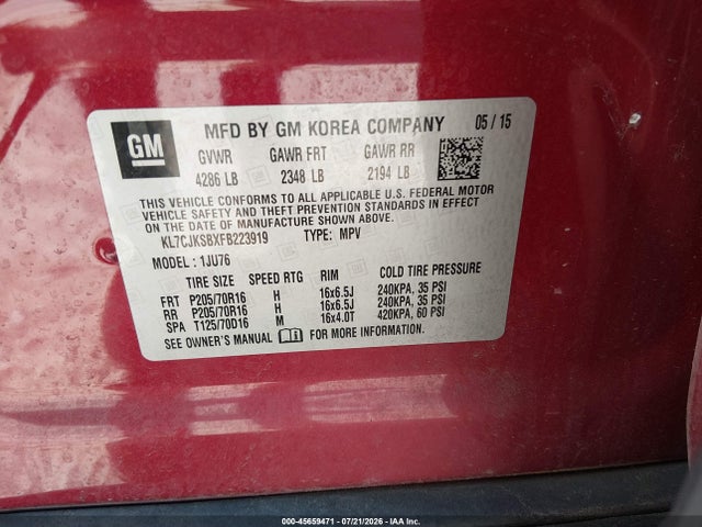KL7CJKSBXFB223919 Chevrolet Trax 1ls