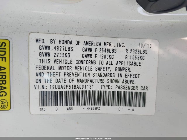 45659488 :رقم المزاد ، 19UUA9F51BA001131 vin ، 2011 Acura Tl 3.7 مزاد بيع