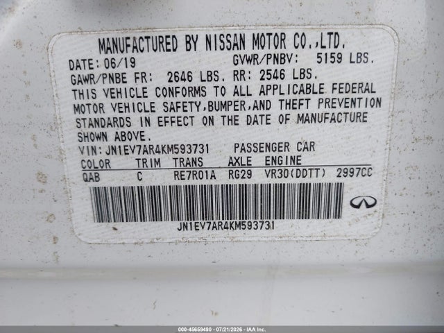 45659490 :رقم المزاد ، JN1EV7AR4KM593731 vin ، 2019 Infiniti Q50 3.0t Luxe مزاد بيع