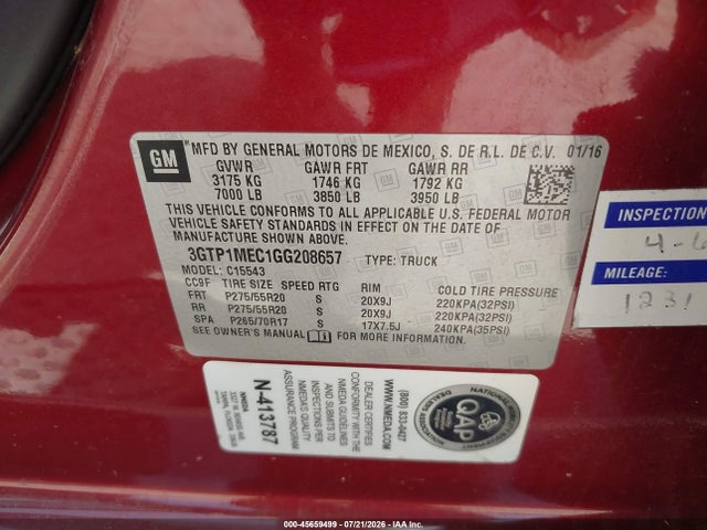 Продаж на аукціоні авто 2016 Gmc Sierra 1500 Sle, vin: 3GTP1MEC1GG208657, номер лоту: 45659499