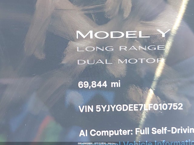 Продаж на аукціоні авто 2020 Tesla Model Y Long Range Dual Motor All-wheel Drive, vin: 5YJYGDEE7LF010752, номер лоту: 45659500