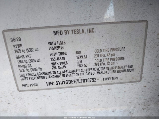 Продаж на аукціоні авто 2020 Tesla Model Y Long Range Dual Motor All-wheel Drive, vin: 5YJYGDEE7LF010752, номер лоту: 45659500