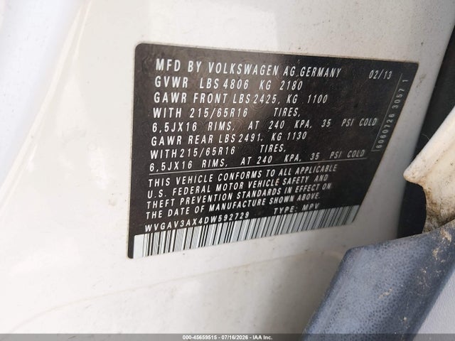 Aukcja sprzedaży 2013 Volkswagen Tiguan S, vin: WVGAV3AX4DW592729, numer aukcji: 45659515