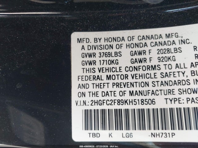 Honda Civic Sport 2019 2HGFC2F89KH518506 Image 9