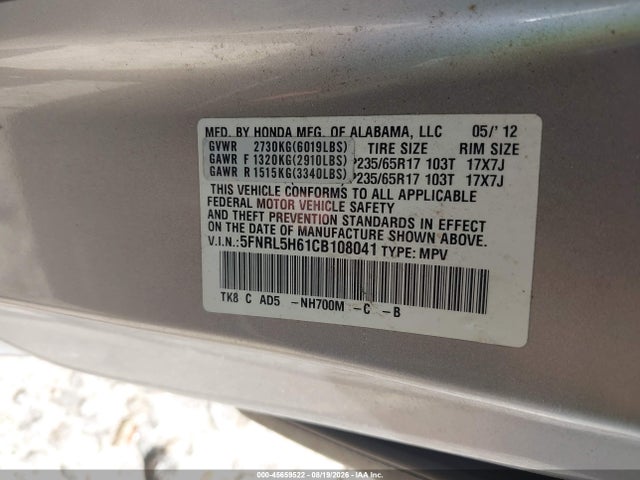 Продаж на аукціоні авто 2012 Honda Odyssey Ex-l, vin: 5FNRL5H61CB108041, номер лоту: 45659522