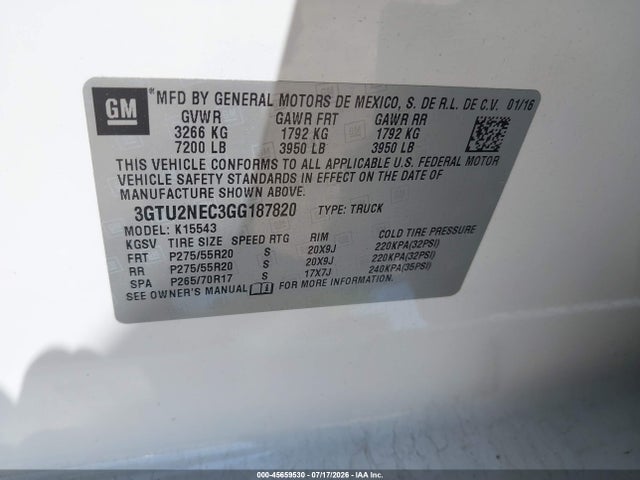 Aukcja sprzedaży 2016 Gmc Sierra 1500 Slt, vin: 3GTU2NEC3GG187820, numer aukcji: 45659530