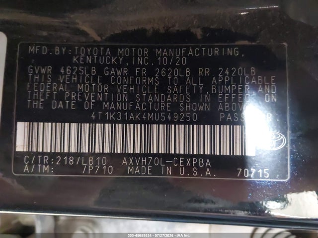 Aukcja sprzedaży 2021 Toyota Camry Xse Hybrid, vin: 4T1K31AK4MU549250, numer aukcji: 45659534