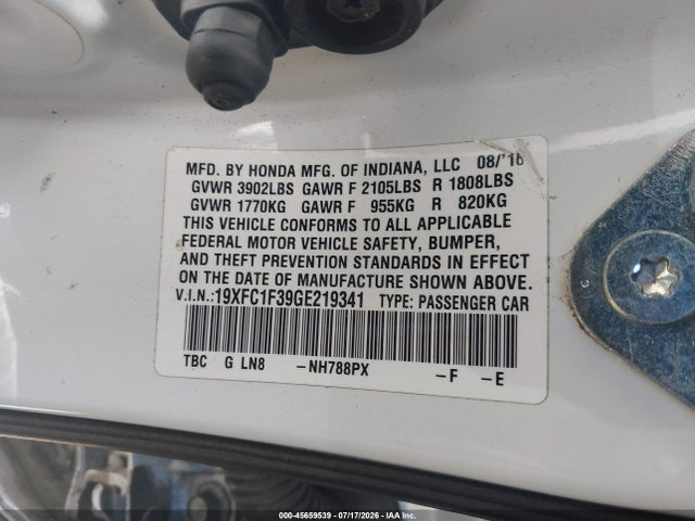 45659539 :رقم المزاد ، 19XFC1F39GE219341 vin ، 2016 Honda Civic Ex-t مزاد بيع