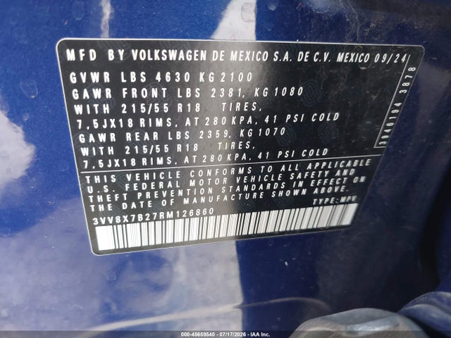 45659540 :رقم المزاد ، 3VV8X7B27RM126860 vin ، 2024 Volkswagen Taos 1.5t S مزاد بيع