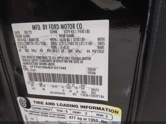 Продажа на аукционе авто 2013 Ford F-150 Svt Raptor, vin: 1FTFW1R64DFA31342, номер лота: 45659543