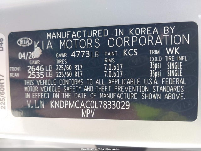 2020 Kia Sportage Lx მანქანა იყიდება აუქციონზე, vin: KNDPMCAC0L7833029, აუქციონის ნომერი: 45659573