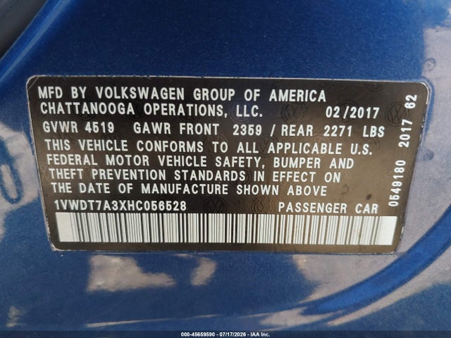 2017 Volkswagen Passat 1.8t R-line მანქანა იყიდება აუქციონზე, vin: 1VWDT7A3XHC056528, აუქციონის ნომერი: 45659590