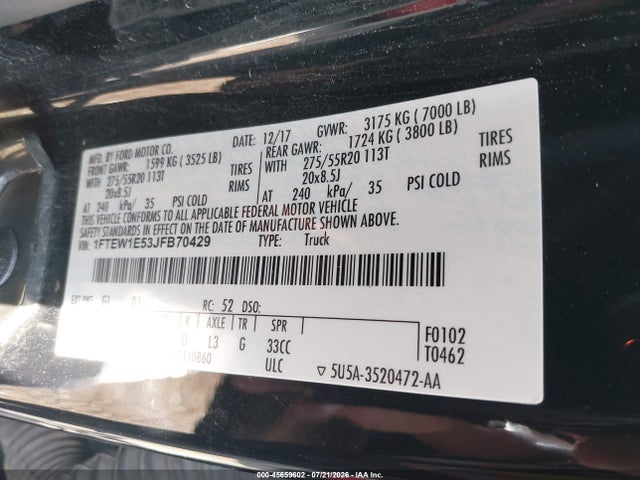 Продаж на аукціоні авто 2018 Ford F-150 King Ranch, vin: 1FTEW1E53JFB70429, номер лоту: 45659602