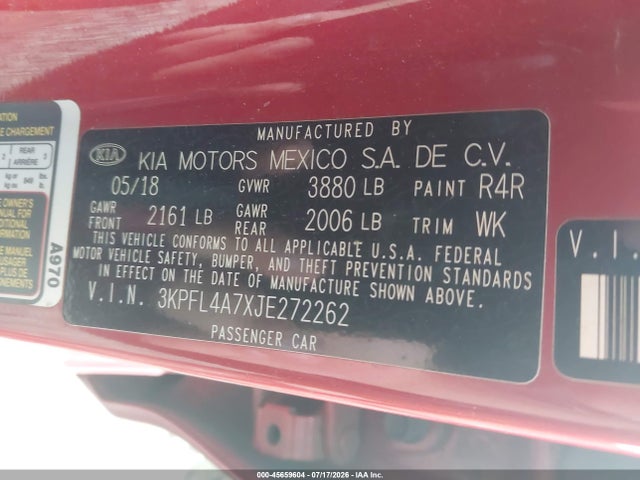 45659604 :رقم المزاد ، 3KPFL4A7XJE272262 vin ، 2018 Kia Forte S مزاد بيع