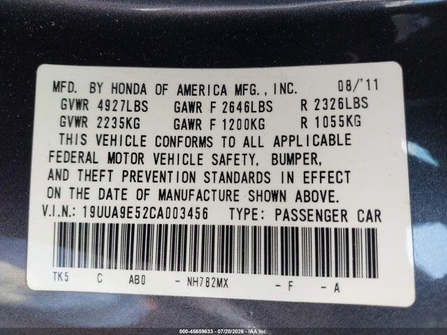 45659633 :رقم المزاد ، 19UUA9E52CA003456 vin ، 2012 Acura Tl 3.7 مزاد بيع