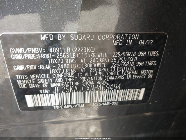 Продаж на аукціоні авто 2022 Subaru Forester Sport, vin: JF2SKAJCXNH469494, номер лоту: 45659660