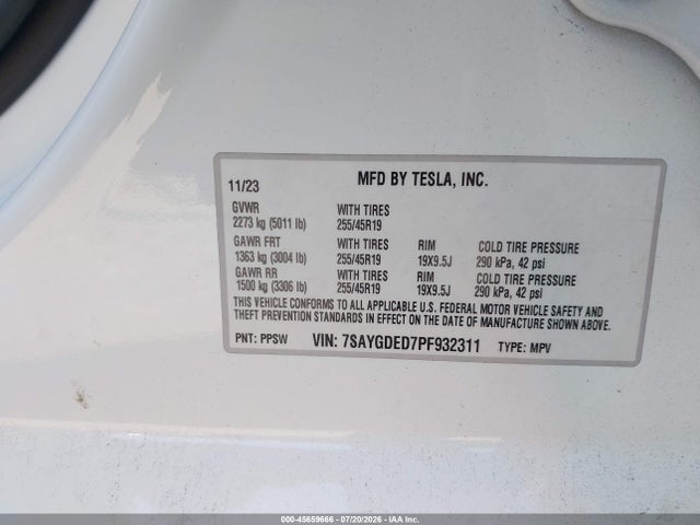 Продаж на аукціоні авто 2023 Tesla Model Y Rwd, vin: 7SAYGDED7PF932311, номер лоту: 45659666