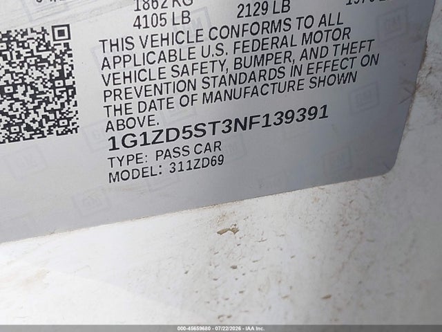 1G1ZD5ST3NF139391 Chevrolet Malibu Fwd Lt
