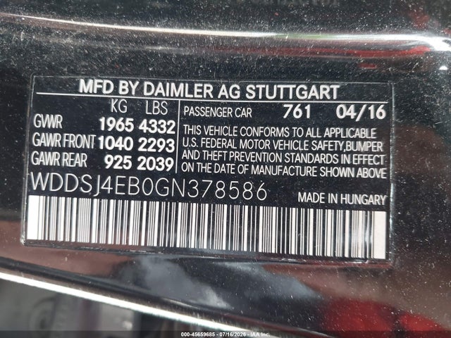 Auction sale of the 2016 Mercedes-benz Cla 250, vin: WDDSJ4EB0GN378586, lot number: 45659685